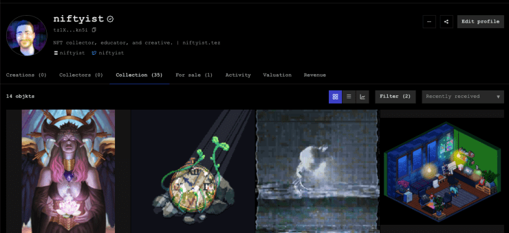 Four NFTs are displayed on a user profile
